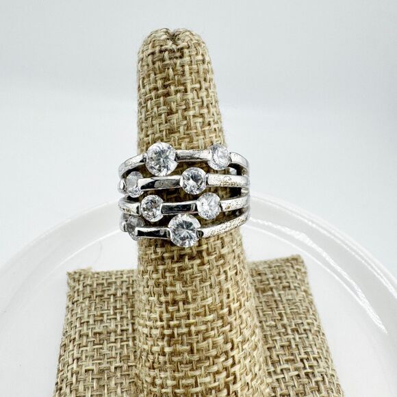 Vintage Silver Tone Multi Row Rhinestone Ring Modernist Statement Cocktail 1980s - Picture 4 of 7